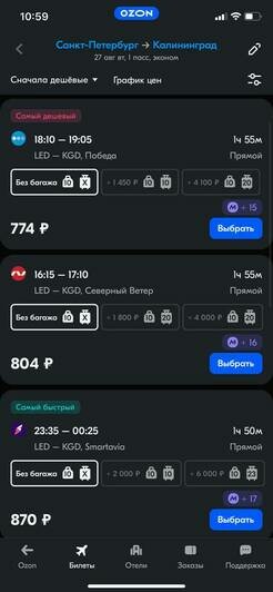 Стоимость перелёта из Санкт-Петербурга в Калининград 27 августа  | Скриншоты с агрегаторов «Ависайлс» и «Озон», компании «Победа», «Nordwind Aitlines» и «Smartavia»
