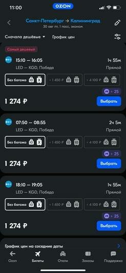 Стоимость перелёта из Санкт-Петербурга в Калининград 30 августа  | Скриншоты с агрегаторов «Ависайлс» и «Озон», компании «Победа», «Nordwind Aitlines» и «Smartavia»