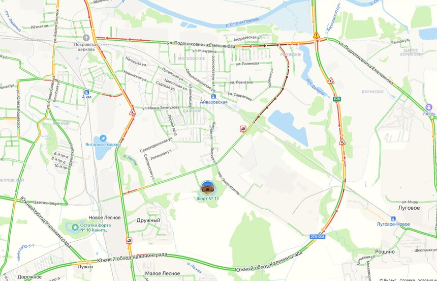 Два ремонта и одна авария: автомобилисты стоят в пробках у Южного обхода Калининграда (видео) - Новости Калининграда | Фото: скриншот сервиса «Яндекс Карты»