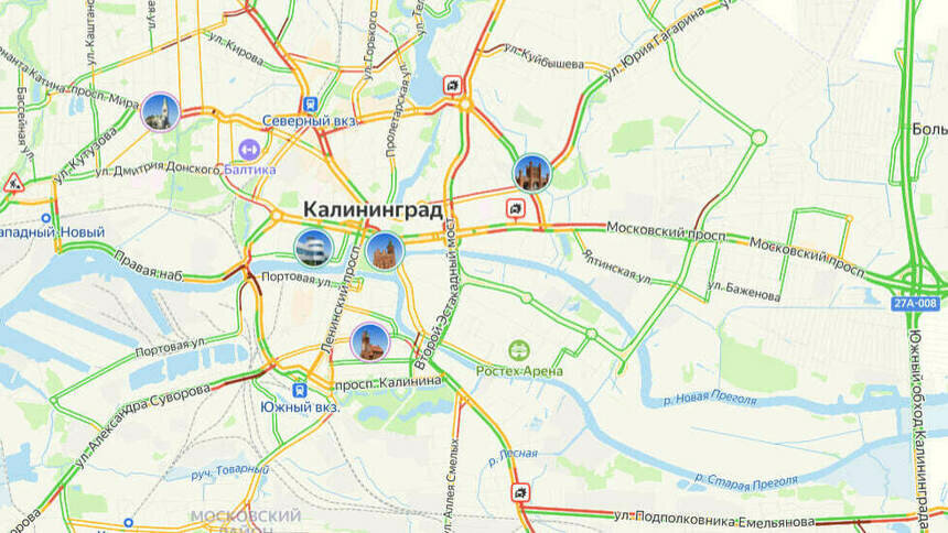 Центр красный: карта пробок в Калининграде на утро вторника - Новости Калининграда | Скриншот сервиса «Яндекс. Карты»