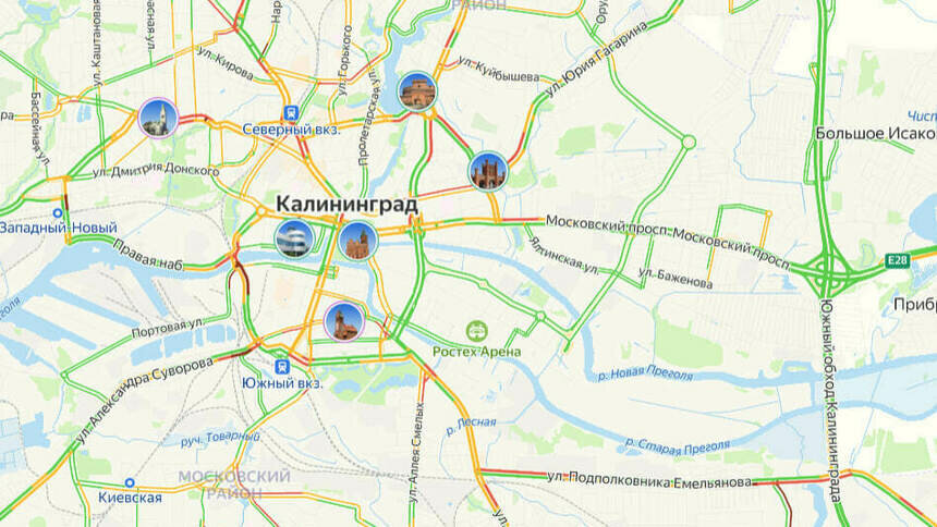 Ситуация — 6 баллов: карта пробок в Калининграде на утро среды - Новости Калининграда | Скриншот сервиса «Яндекс. Карты»