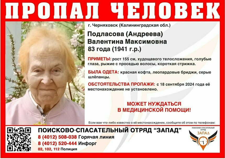 В Черняховске ищут 83-летнюю женщину, пропавшую сутки назад - Новости Калининграда | Фото: ПСО «Запад»