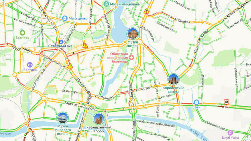 Центр красный: карта пробок в Калининграде на утро четверга - Новости Калининграда | Скриншот сервиса «Яндекс. Карты»