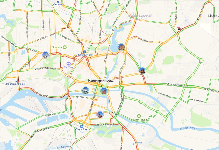 Улицы Калининграда облачились в красный: основные магистрали встали в 7-балльных пробках - Новости Калининграда | Скриншот сервиса «Яндекс Карты»
