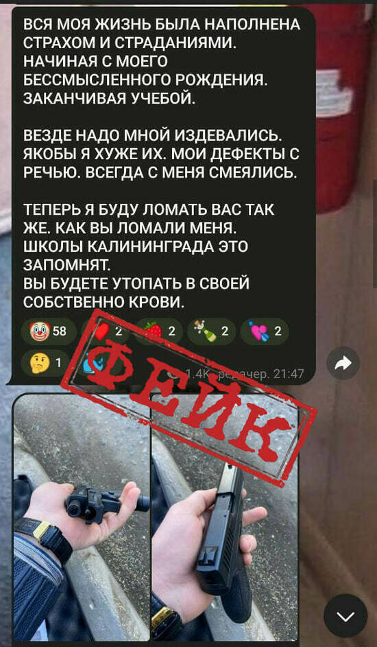 «Это, безусловно, фейк»: в Telegram появился канал, автор которого грозит расстрелять детей в калининградских школах - Новости Калининграда | Скриншот телеграм-канала
