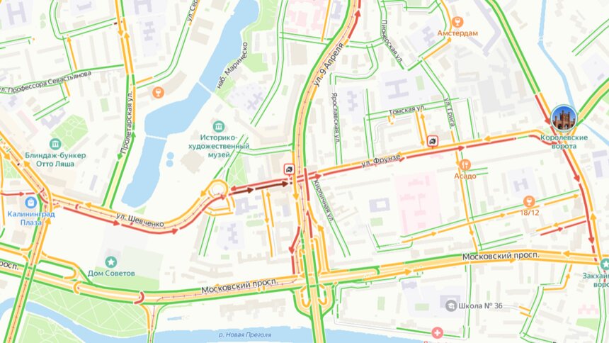 Днём во вторник в центре Калининграда собралась большая пробка  - Новости Калининграда | Скриншот сервиса  «Яндекс.Карты»