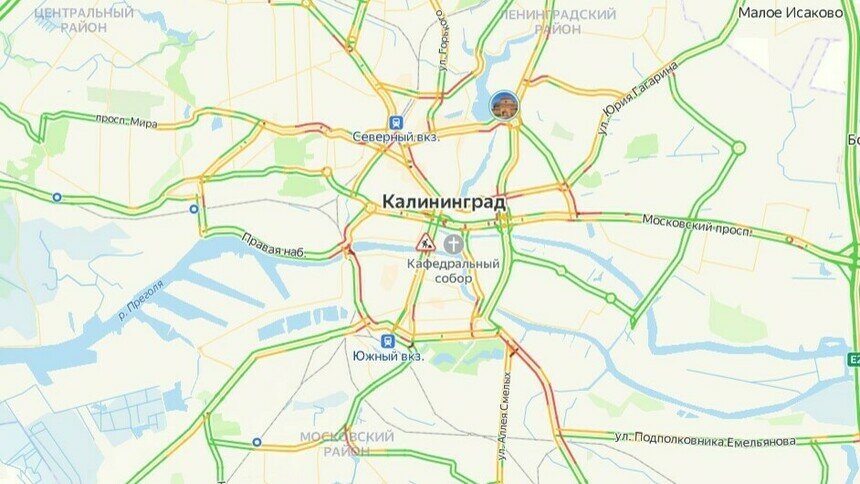 Центр Калининграда днём 22 февраля встал в пробках - Новости Калининграда | Скриншот сервиса «Яндекс. Карты»