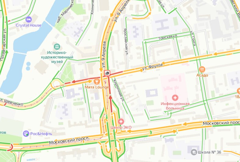 Два ДТП: Калининград утром в четверг встал в пробках - Новости Калининграда | Скриншоты сервиса «Яндекс. Карты»