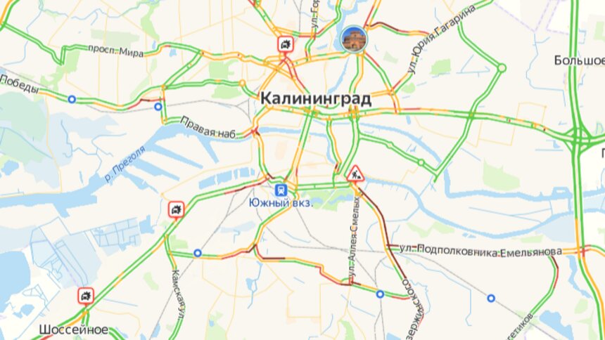 Утренний час пик: где калининградцы в среду встали в пробках    - Новости Калининграда | Скриншот сервиса «Яндекс. Карты»