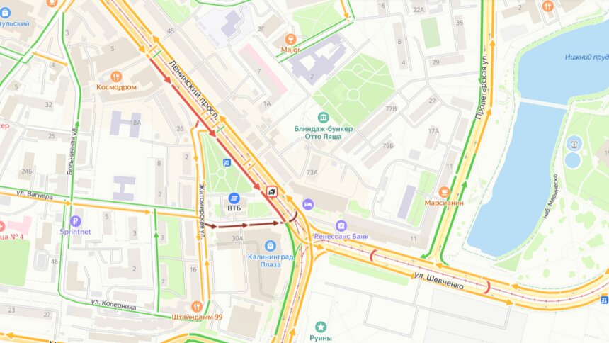 Из-за аварии возле «Калининград Плазы» собралась большая пробка  - Новости Калининграда | Скриншот сервиса  «Яндекс.Карты»