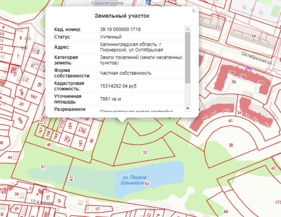 В Пионерском разрешили построить комплекс высоток с видом на Первое Шанхайское озеро - Новости Калининграда | Скриншот кадастровой карты