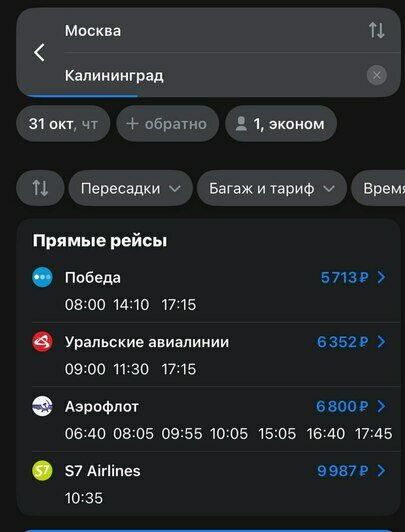 Стоимость перелёта в Калининград 31 октября  | Скриншот агрегатора «Авиасейлс» и сайта «Победа»
