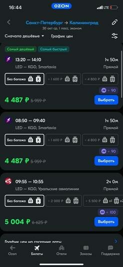 Стоимость перелёта из Санкт-Петербурга в Калининград на 30 октября | Скриншоты агрегаторов «Авиасейлс» и Ozon, с сайтов «Победа», «Уральские авиалинии» и Smartavia