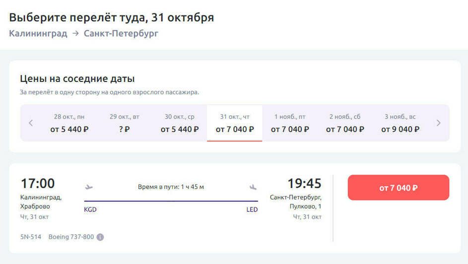 Стоимость перелёта из Калининграда в Санкт-Петербург 31 октября | Скриншот агрегаторов «Авиасейлс» и Ozon, сайтов «Победа» и Smartavia»