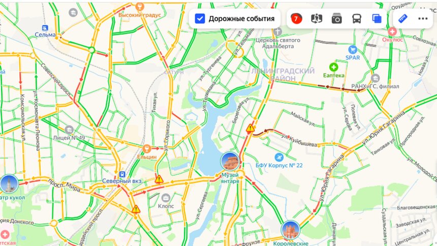 Город встал в пробках: карта скопления машин в Калининграде на утро среды - Новости Калининграда | Фото: Скриншот сервиса «Яндекс. Карты»