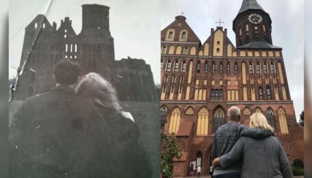 Полвека в обнимку: пара из Калининграда повторила фото у Кафедрального собора через 54 года  